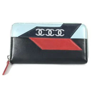Pre-owned Chanel Black Light Blue Leather Long Wallet (bi-fold) ()