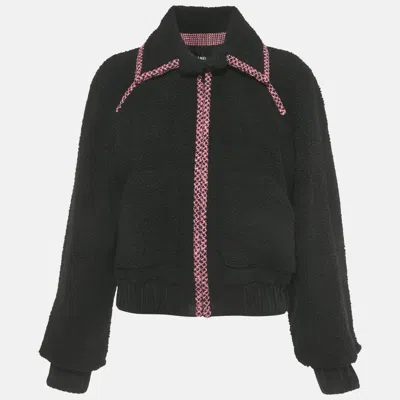 Pre-owned Chanel Black Logo Embroidered Shearling Zip-up Jacket S