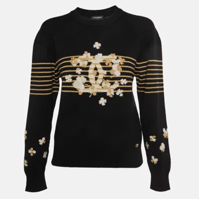 Pre-owned Chanel Black Logo Floral Cashmere Knit Sweater S