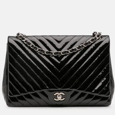 Pre-owned Chanel Black Maxi Classic Chevron Patent Single Flap Bag