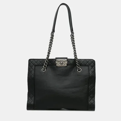 Pre-owned Chanel Black Medium Calfskin Boy Reverso Shopping Tote