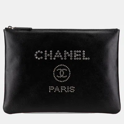 Pre-owned Chanel Black Medium Caviar Deauville Studded O Case Clutch