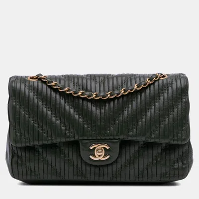 Pre-owned Chanel Black Medium Chevron Calfskin Coco Pleats Double Flap