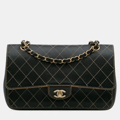Pre-owned Chanel Black Medium Classic Calfskin Wild Stitch Double Flap