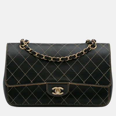 Pre-owned Chanel Black Medium Classic Calfskin Wild Stitch Double Flap