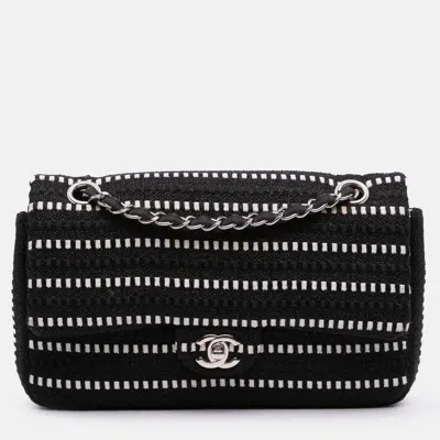 Pre-owned Chanel Black Medium Classic Tweed Striped Ribbon Double Flap