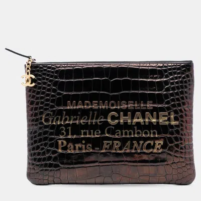 Pre-owned Chanel Black Medium Croc Embossed Calfskin Mademoiselle Gabrielle Signature Pouch