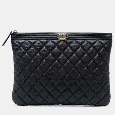 Pre-owned Chanel Black Medium Quilted Caviar Boy O Case Clutch