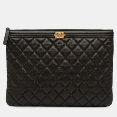 Pre-owned Chanel Black Medium Quilted Caviar Boy O Case Clutch