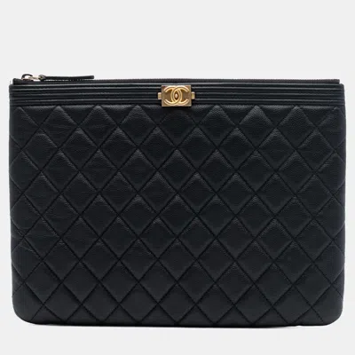 Pre-owned Chanel Black Medium Quilted Caviar Boy O Case Clutch