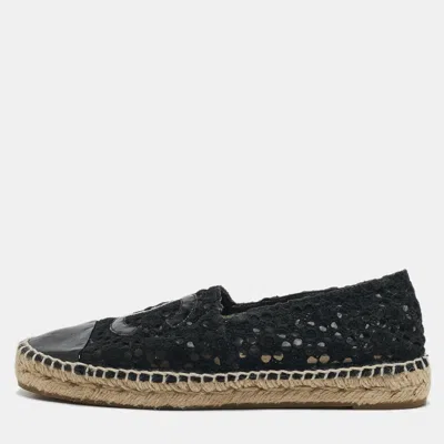 Pre-owned Chanel Black Mesh And Patent Leather Cc Espadrille Flats Size 38