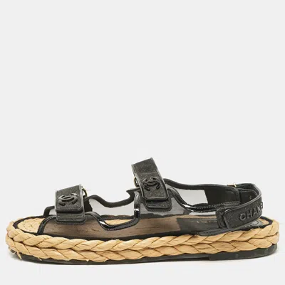 Pre-owned Chanel Black Mesh And Patent Leather Espadrille Dad Sandals Size 42