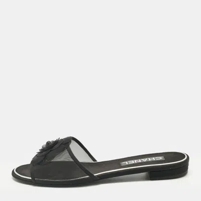 Pre-owned Chanel Black Mesh Flower Embellished Flat Slides Size 40