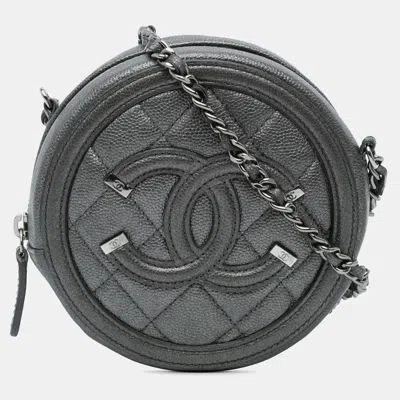 Pre-owned Chanel Black Metallic Caviar Cc Filigree Round Clutch With Chain