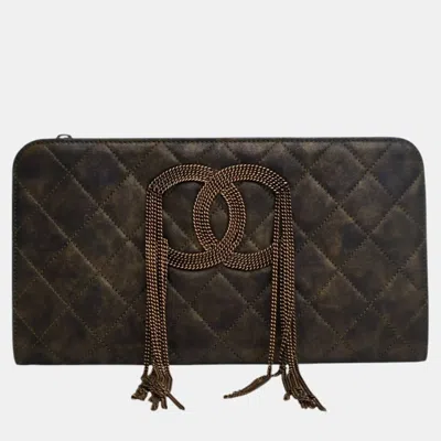Pre-owned Chanel Black Metallic Lambskin Cc Chain Fringe Clutch