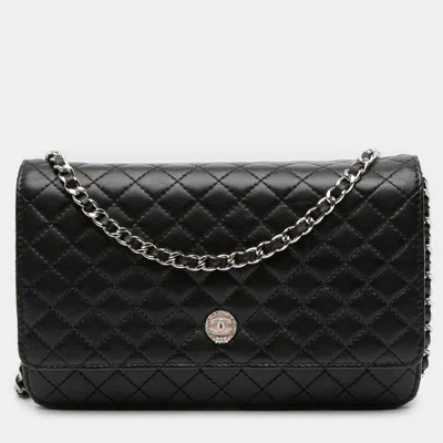 Pre-owned Chanel Black Microquilted Lambskin Wallet On Chain