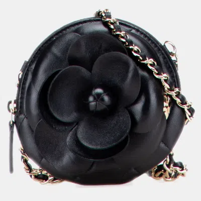 Pre-owned Chanel Black Mini Cc Lambskin Camellia Bouquet Round Clutch On Chain