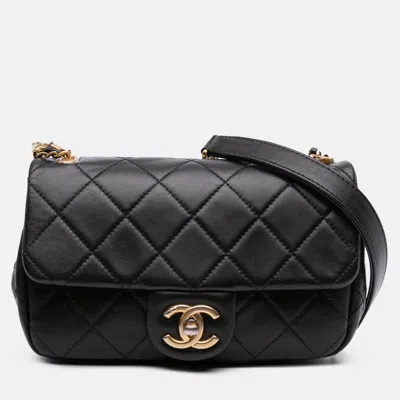 Pre-owned Chanel Black Mini Quilted Calfskin Crystal Pearls Chain Flap