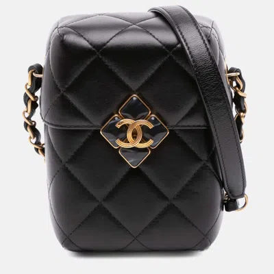 Pre-owned Chanel Black Mini Quilted Lambskin Diamond Lock Phone Holder