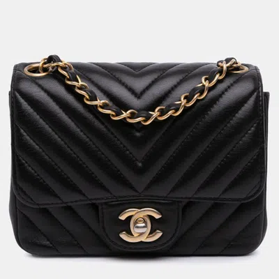 Pre-owned Chanel Black Mini Square Classic Chevron Lambskin Single Flap Bag