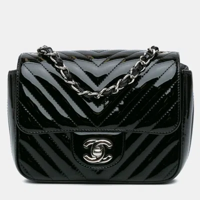 Pre-owned Chanel Black Mini Square Classic Chevron Patent Flap