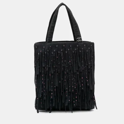 Pre-owned Chanel Black Mini Suede Studded Fringe Tote