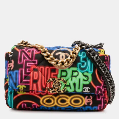 Pre-owned Chanel Black Multicolor Medium Printed Nylon Graffiti 19 Flap