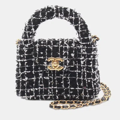 Pre-owned Chanel Black Nano Tweed Kelly Clutch On Chain