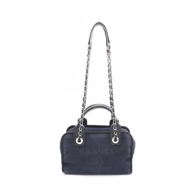 Pre-owned Chanel Black Navy Canvas Leather Shoulder Bag () In Multi