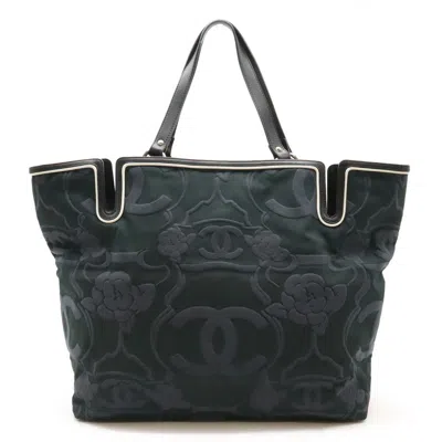 Pre-owned Chanel Black Navy Canvas Leather Shoulder Bag Tote Bag () In Black, Navy