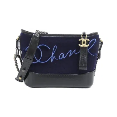 Pre-owned Chanel Black Navy Leather Wool Shoulder Bag () In Multi