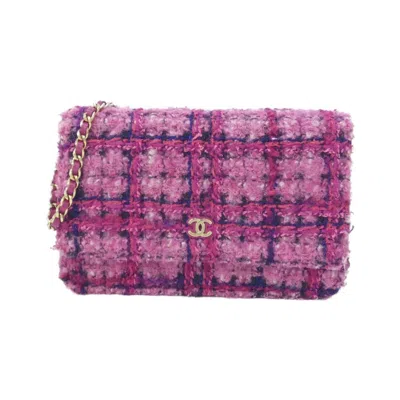 Pre-owned Chanel Black Navy Pink Wool Cotton Chain/shoulder Wallet ()
