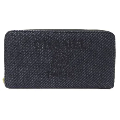 Pre-owned Chanel Black Navy Straw Long Wallet (bi-fold) () In Multi