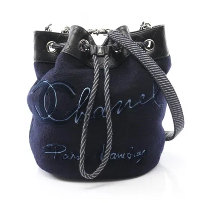 Pre-owned Chanel Black Navy Wool Leather Shoulder Bag () In Multi