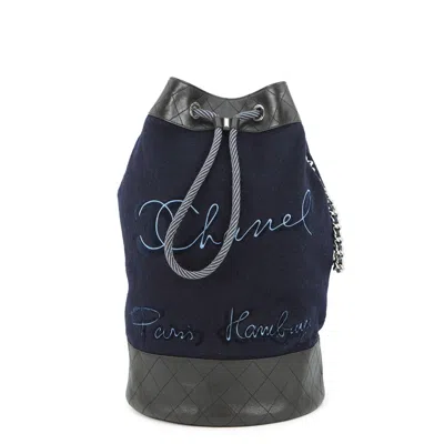 Pre-owned Chanel Black Navy Wool Leather Shoulder Bag () In Multi