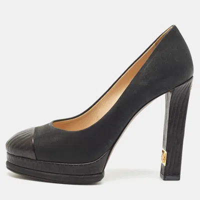 Pre-owned Chanel Black Nubuck And Leather Cc Embellished Block Heel Pumps Size 40