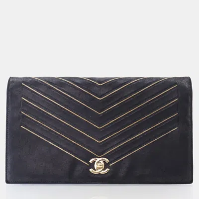 Pre-owned Chanel Black Nubuck Suede Micro Chain Chevron Flap Bag