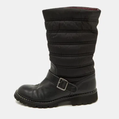 Pre-owned Chanel Black Nylon And Leather Cc Logo Moto Calf Length Boots Size 39