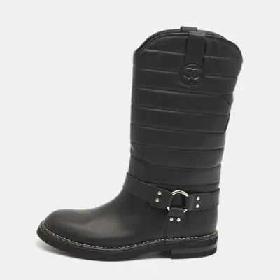 Pre-owned Chanel Black Nylon And Leather Cc Logo Star Biker Boots Size 40