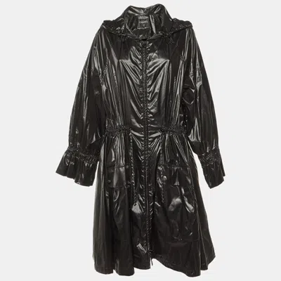 Pre-owned Chanel Black Nylon Hooded Zip Up Coat L