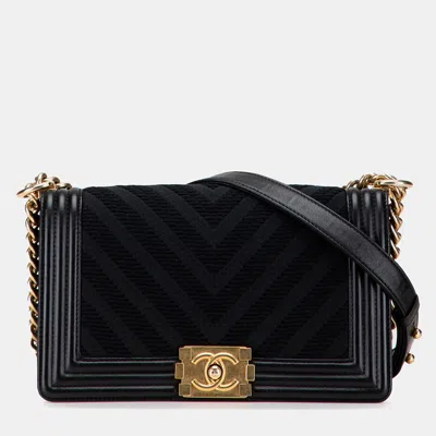 Pre-owned Chanel Black Old Medium Braided Chevron Cotton And Lambskin Boy Flap