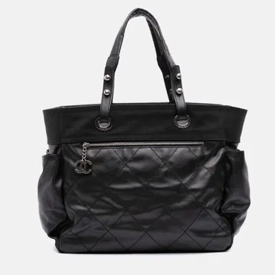 Pre-owned Chanel Black Paris Biarritz Large Quilted Coated Canvas Tote