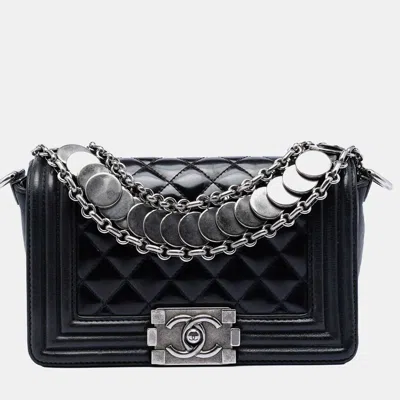 Pre-owned Chanel Black Paris Bombay Small Quilted Patent Medallion Embellished Boy Flap