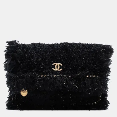 Pre-owned Chanel Black Paris Cosmopolite Tweed Fringe Clutch