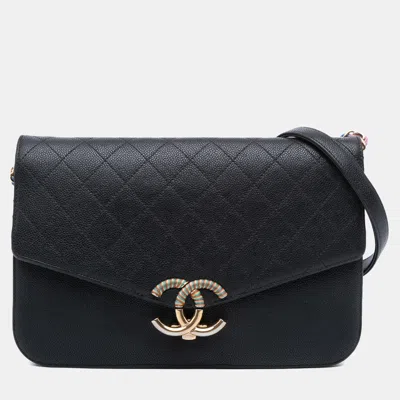 Pre-owned Chanel Black Paris Cuba Medium Caviar Thread Around Flap