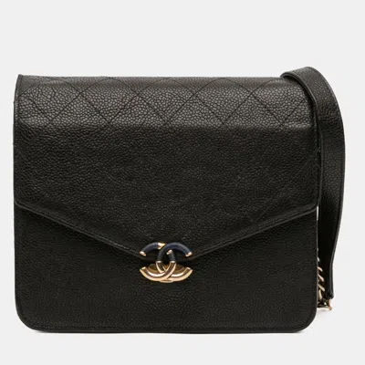 Pre-owned Chanel Black Paris-cuba Square Quilted Caviar Thread Around Wallet On Chain