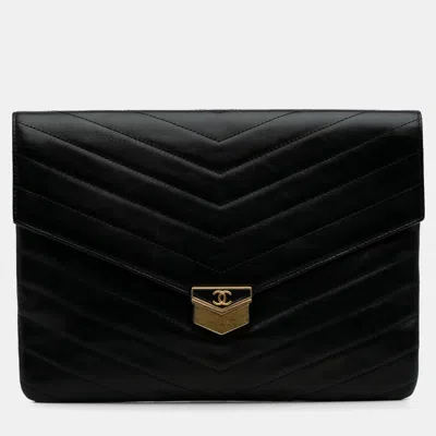 Pre-owned Chanel Black Paris Hamburg Chevron Lambskin Clutch