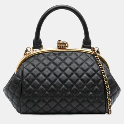 Pre-owned Chanel Black Paris Rome Quilted Calfskin Colosseum Lock Frame Bowling Bag