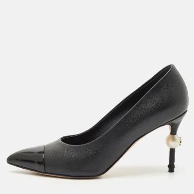 Pre-owned Chanel Black Patent And Leather Cap Toe Pearl Pumps Size 36.5