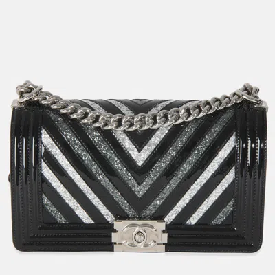 Pre-owned Chanel Black Patent Chevron Glitter Pvc Old Medium Boy Bag